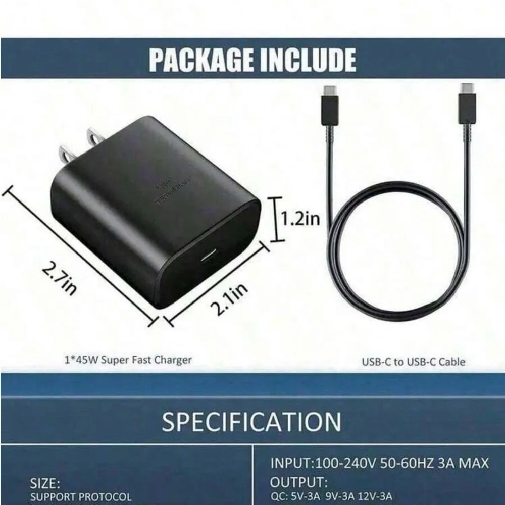 ⚡ 45W Fast Charger Type-C with USB-C Cable-Compatible with iPhone 15/16 Samsung